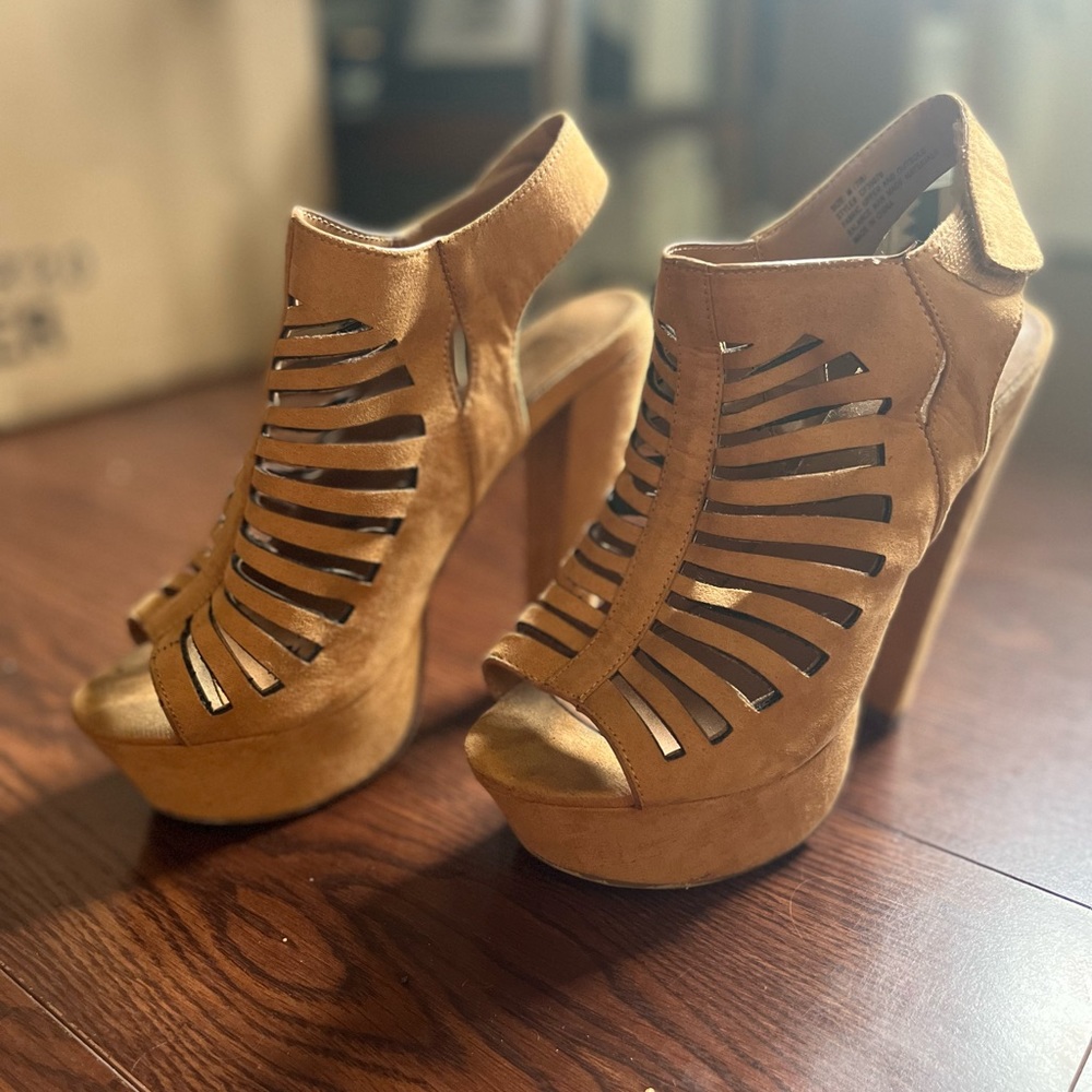 Tan strappy high heels